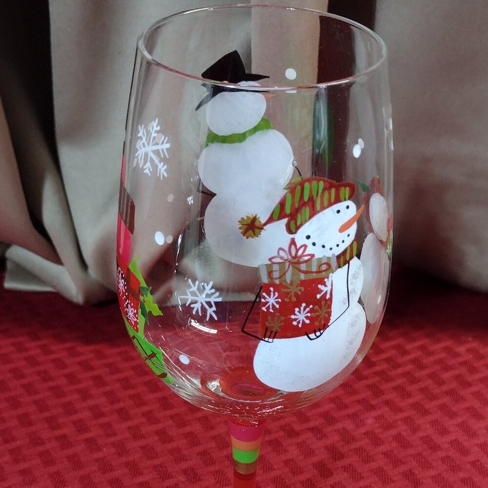 Hand Painted Glass Snowmen Wine Glass